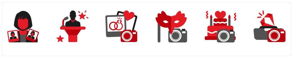 Six photography icons in red and black as portraiture, candid shooting, wedding photography vector