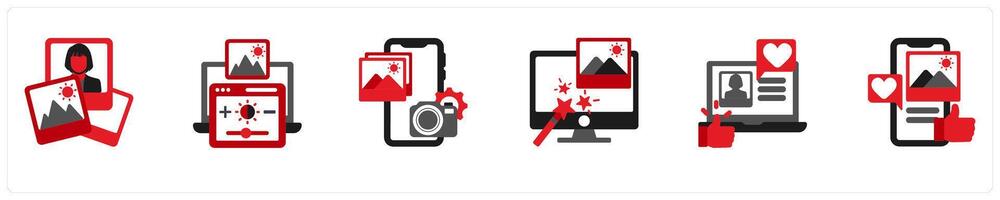Six photography icons in red and black as collage, photo filter, photo processing app vector