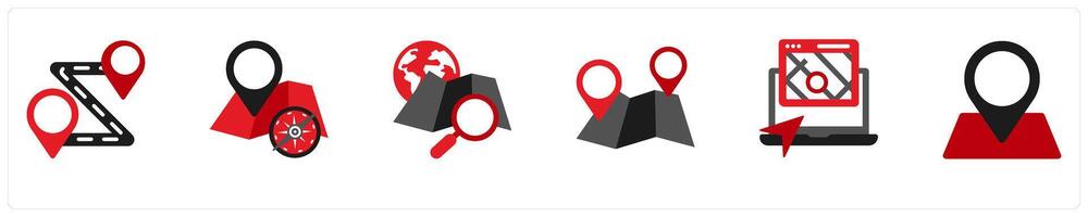 Six location icons in red and black as route, get directions, search vector