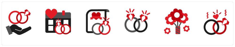 Six party icons in red and black as enagement, save the date, wedding vows vector