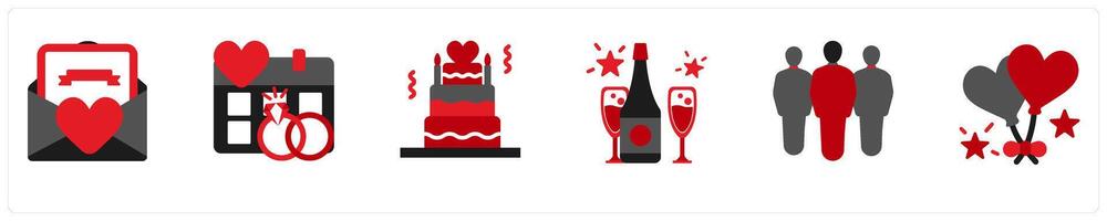 Six party icons in red and black as invitations, save the date, cake vector