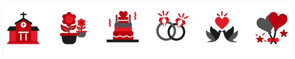 Six party icons in red and black as church, flowers, cake vector