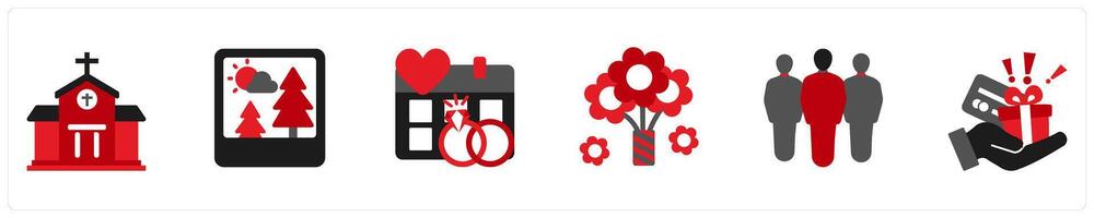 Six party icons in red and black as church, photos, save the date vector