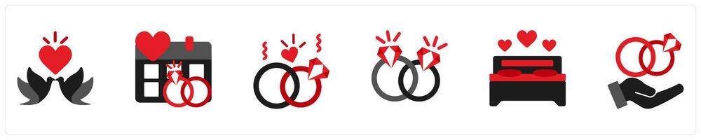 Six party icons in red and black as dove, save the date, groom and bride vector