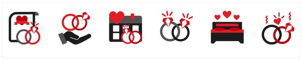 Six party icons in red and black as wedding vows, engagement, save the date vector