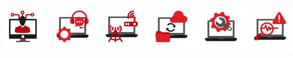 Six technology icons in red and black as computer specialist, technical support, internet connection setup vector
