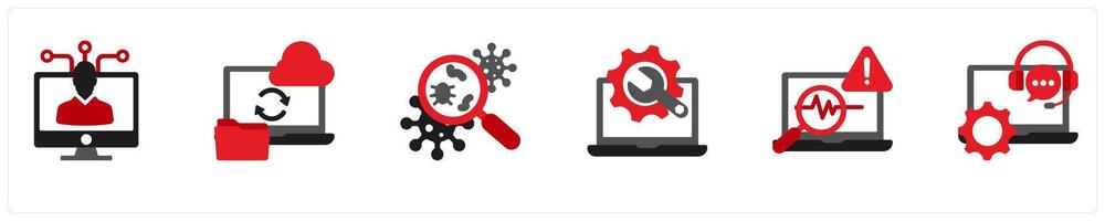 Six technology icons in red and black as computer specialist, data recovery, virus removing vector
