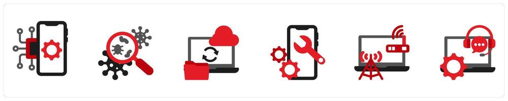 Six technology icons in red and black as operating system installation, virus removing, data recovery vector