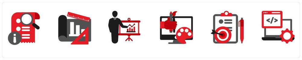 Six business icons in red and black as details, draft project, project presentation vector