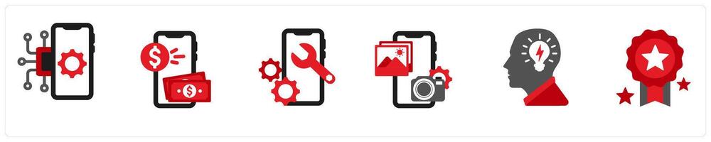 Six business icons in red and black as operating system installation, payment vector