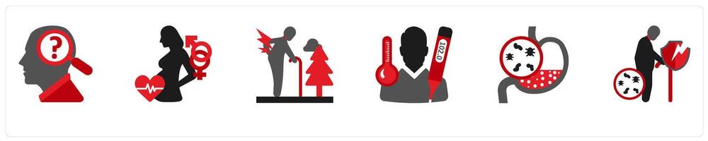 Six medical icons in red and black as phychological problem, gyecologic problem vector