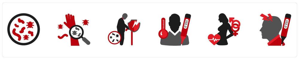 Six medical icons in red and black as allergy, skin problems, week immune system vector