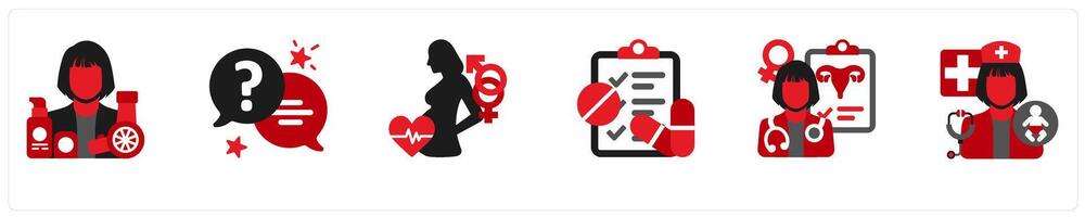 Six medical icons in red and black as cosmetician, ask a question, gynecologic problem vector
