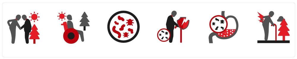 Six medical icons in red and black as age, disability, allergy, week immune system vector
