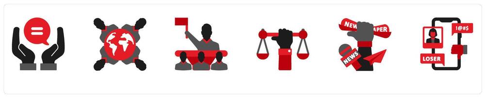 Six political icons in red and black as equal rights, tolerance, right to assemble vector