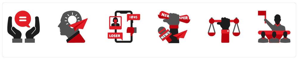 Six political icons in red and black as equal rights, freedom of thought, stop bullying vector