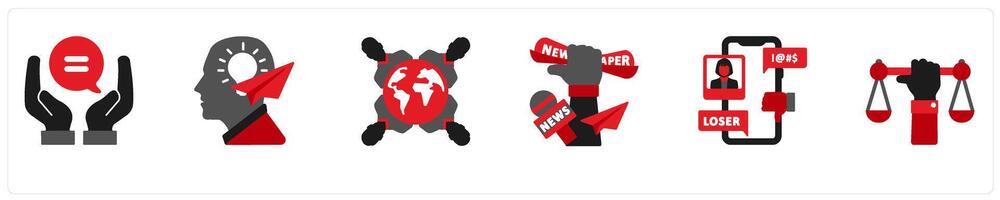Six political icons in red and black as equal right, freedom of thought, tolerance vector