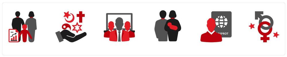 Six gender icons in red and black as family status, religion, social class vector