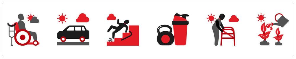 Six mix icons in red and black as rehabiliation, driving, senior fall prevention vector