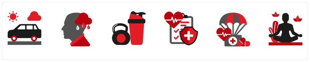 Six mix icons in red and black as driving, stress, gymnastics, insurance vector