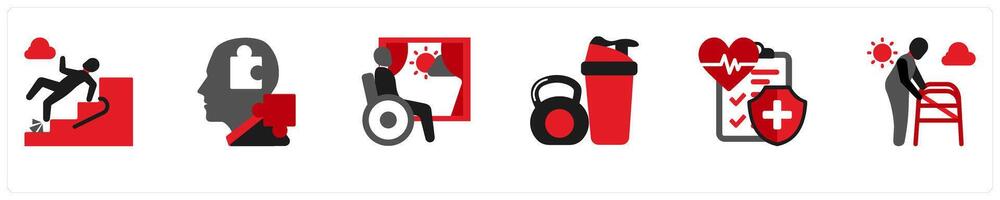 Six mix icons in red and black as senior fall prevention, brain disorder prevention vector