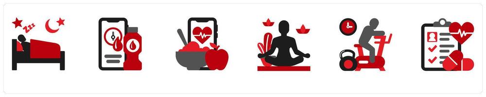 Six mix icons in red and black as sleep cycle, hydration app, healthy eating vector