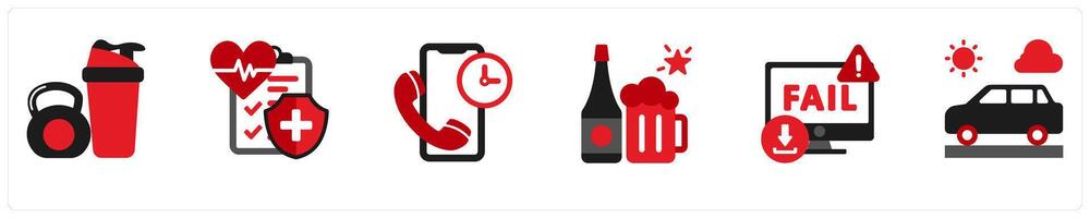 Six mix icons in red and black as gymnastics, insurance, urgent call vector