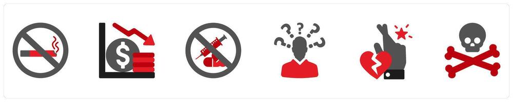 Six mix icons in red and black as bad habits, crisis, addiction vector