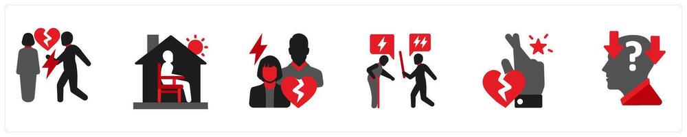 Six mix icons in red and black as sexual relationship disonance, loneliness, loss of intimacy vector