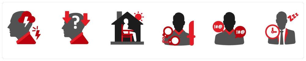 Six mix icons in red and black as anger, depression, loneliness vector