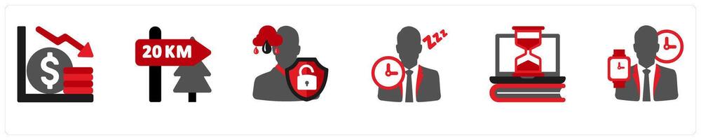 Six mix icons in red and black as crisis, 20 kilometer, psychological insecurity vector