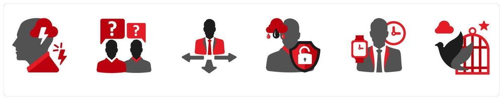 Six mix icons in red and black as anger, communication problems, opposite views vector