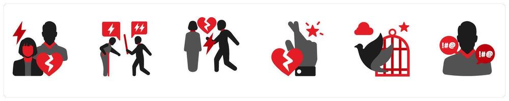 Six mix icons in red and black as loss of intimacy, quarells, sexual relationship disonance vector