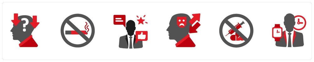 Six mix icons in red and black as depression, bad habits, criticism vector