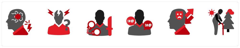 Six mix icons in red and black as phobia, panic attacks, violation vector