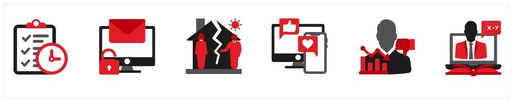 Six mix icons in red and black as procrastination, information glut, family problems vector