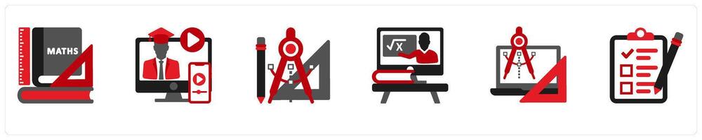Six mix icons in red and black as maths, tutorials, tools vector