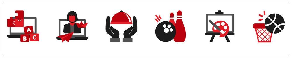 Six mix icons in red and black as learn and play, handicrafts, cooking vector