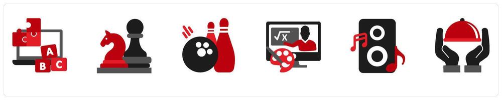 Six mix icons in red and black as learn and play, board games, sport vector