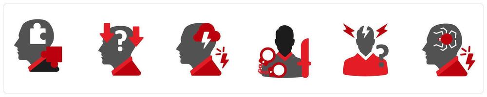 Six mix icons in red and black as brain disorder prevention, depression vector