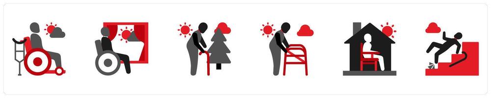 Six mix icons in red and black as rehabiliation, loneliness, disabled senior vector