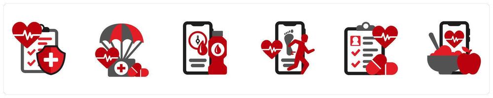 Six mix icons in red and black as insurance, relief, hydration app vector