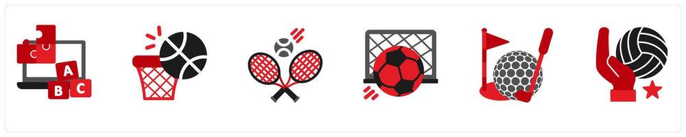 A set of 6 sports icons as learn and play, outdoor games vector