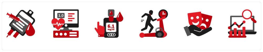 A set of 6 medical icons as blood transfusion, ecg tracing vector