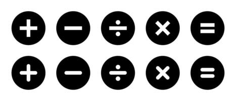 Basic math symbols icon on black circle. Addition, subtraction, division, multiplication, and equation sign vector