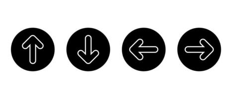 Up, down, left, and right arrow outline icon on black circle. Direction arrows sign symbol vector
