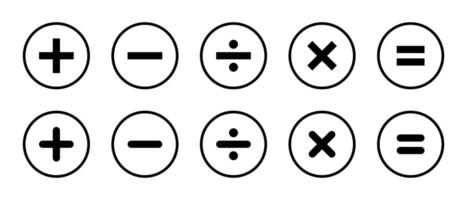 Basic math symbols icon on circle line. Addition, subtraction, division, multiplication, and equation sign vector