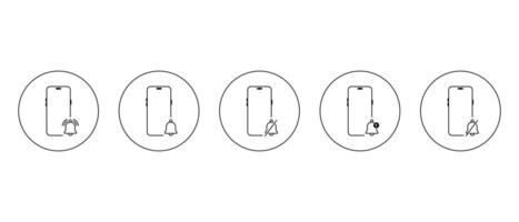 Notification bell with smartphone icon set collection on circle line. Alarm, reminder phone sign symbol vector