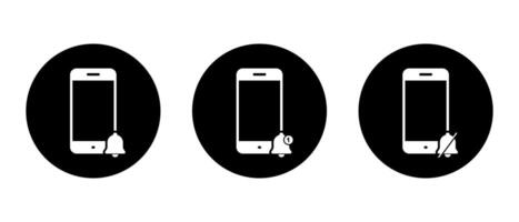 Mobile phone with notification bell icon set on black circle. Cellphone alarm sign symbol vector