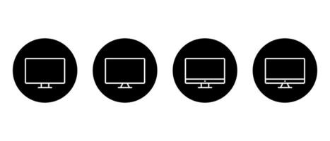 Computer monitor outline icon set on black circle. Desktop screen sign symbol vector